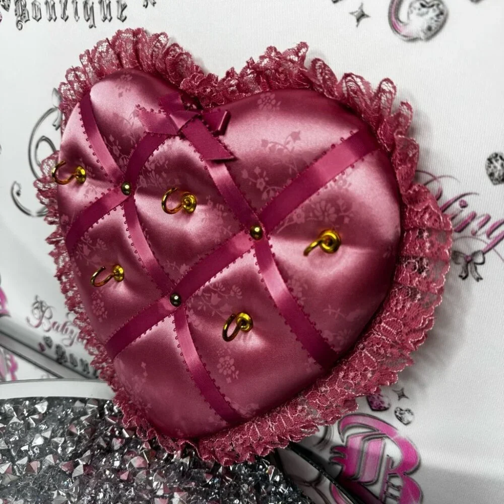 Key/jewellery holder tufted shimmer bow ribbons lace Pink Heart Jewelry Holder